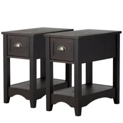 COSTWAY Sæt med 2 sideborde med skuffe, gummiben, 56x33x58,5 cm, Retro Sofa End, Valnøddebrun Valnötsbrun