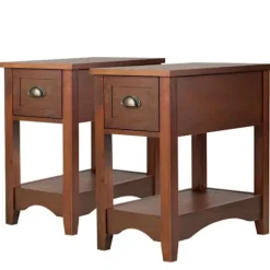 COSTWAY Sæt med 2 sideborde med skuffe, gummiben, 56x33x58,5 cm, Retro Sofa End, Rødbrun Rödbrun