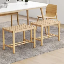 COSTWAY Sæt med 2 skamler i massivt træ, vævet papirsnor, dekorative 56 x 36 x 45 CM (L x B x H) Naturlig Naturligt 3