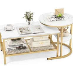 COSTWAY Sæt med 2 Skandinavisk Nesting Sofaborde - Marmor Print Sidebord - Guld Metalramme, Justerbare Fodstøtter gyllene