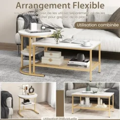 COSTWAY Sæt med 2 Skandinavisk Nesting Sofaborde - Marmor Print Sidebord - Guld Metalramme, Justerbare Fodstøtter gyllene
