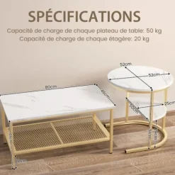 COSTWAY Sæt med 2 Skandinavisk Nesting Sofaborde - Marmor Print Sidebord - Guld Metalramme, Justerbare Fodstøtter gyllene