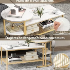 COSTWAY Sæt med 2 Skandinavisk Nesting Sofaborde - Marmor Print Sidebord - Guld Metalramme, Justerbare Fodstøtter gyllene