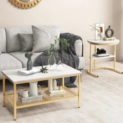 COSTWAY Sæt med 2 Skandinavisk Nesting Sofaborde - Marmor Print Sidebord - Guld Metalramme, Justerbare Fodstøtter gyllene