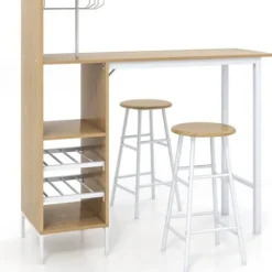 COSTWAY Sæt med højt barbord med hylder, spisebord med 2 skamler, 120 x 40 x 120 CM, industriel stil, beige
