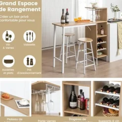 COSTWAY Sæt med højt barbord med hylder, spisebord med 2 skamler, 120 x 40 x 120 CM, industriel stil, beige