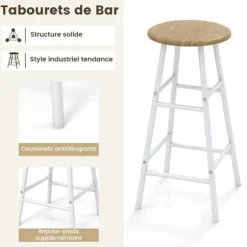 COSTWAY Sæt med højt barbord med hylder, spisebord med 2 skamler, 120 x 40 x 120 CM, industriel stil, beige