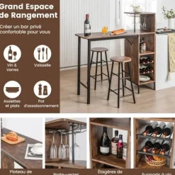 COSTWAY Sæt med højt barbord med hylder, spisebord med 2 taburetter, 120 x 40 x 120 CM, industriel stil, café Kaffe