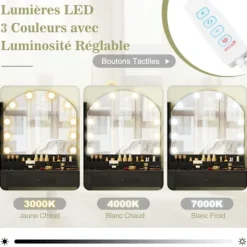 COSTWAY Sæt med Sminkebord og Skammel, med Spejl og Justerbare LED- lys i 3 Farver, Opladningsstation, 4 Skuffer, Hvid Vit
