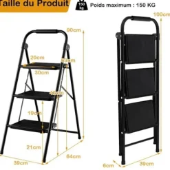COSTWAY Step Taburet 3 Trin Fold Bred Heavy Metal Stel Skridsikret pedal 64 x 39 x 90 cm Kapacitet 150 kg Sort