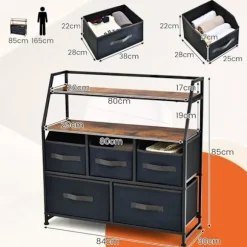 COSTWAY stof kommode med 5 skuffer, 2 hylder, kommode, metalramme opbevaringsenhed til stuen, entré, 84 x 30 x 85 cm svart och grått