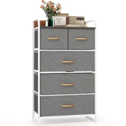 COSTWAY stofkommode med 5 foldbare skuffer, jernstel, 58x29x99,5 CM, til entre, soveværelse, grå Grå