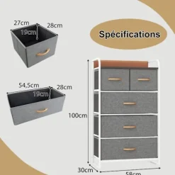 COSTWAY stofkommode med 5 foldbare skuffer, jernstel, 58x29x99,5 CM, til entre, soveværelse, grå Grå