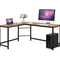 COSTWAY stort hjørneskrivebord L168 x B125 x H74CM - Op til 3 computere i industriel stil, brun metalstruktur kastanj