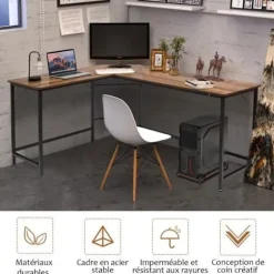 COSTWAY stort hjørneskrivebord L168 x B125 x H74CM - Op til 3 computere i industriel stil, brun metalstruktur kastanj
