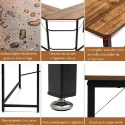 COSTWAY stort hjørneskrivebord L168 x B125 x H74CM - Op til 3 computere i industriel stil, brun metalstruktur kastanj