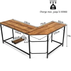 COSTWAY stort hjørneskrivebord L168 x B125 x H74CM - Op til 3 computere i industriel stil, brun metalstruktur kastanj