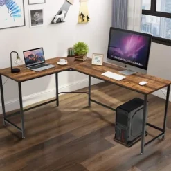 COSTWAY stort hjørneskrivebord L168 x B125 x H74CM - Op til 3 computere i industriel stil, brun metalstruktur kastanj