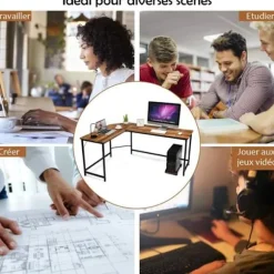 COSTWAY stort hjørneskrivebord L168 x B125 x H74CM - Op til 3 computere i industriel stil, brun metalstruktur kastanj