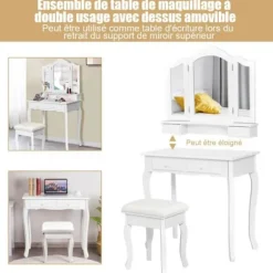COSTWAY Toiletbord, makeupbord med 3 drejelige spejle, skammel og 4 skuffer, moderne, 80 x 40,5 x 137 cm