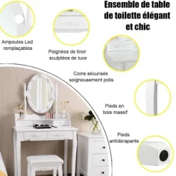COSTWAY Toiletbord Makeup Bord med skammel - 360° drejeligt ovalt spejl, justerbar pære i 3 farver, 4 skuffer - hvid