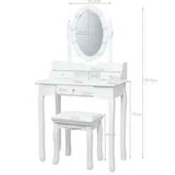 COSTWAY Toiletbord med 11 LED-pærer, skammel og 360° spejl, 3 skuffer kan forvandles til et hvidt skrivebord