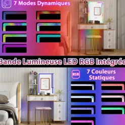 COSTWAY Toiletbord med skammel og spejl, dæmpbart RGB LED-lys, trådløs ladestation, USB, Type-C, Fjernbetjening, Hvid Vit