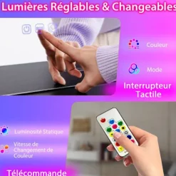 COSTWAY Toiletbord med skammel og spejl, dæmpbart RGB LED-lys, trådløs ladestation, USB, Type-C, Fjernbetjening, Hvid Vit