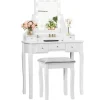 COSTWAY Toiletbord med skammel og 360° roterende spejl - Makeupbord - 10 LED-pærer med justerbar lysstyrke, 5 skuffer