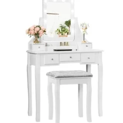 COSTWAY Toiletbord med skammel og 360° roterende spejl - Makeupbord - 10 LED-pærer med justerbar lysstyrke, 5 skuffer