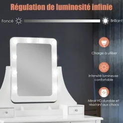 COSTWAY Toiletbord med skammel og 360° roterende spejl - Makeupbord - 10 LED-pærer med justerbar lysstyrke, 5 skuffer