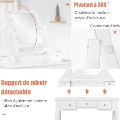 COSTWAY Toiletbord med skammel og 360° roterende spejl - Makeupbord - 10 LED-pærer med justerbar lysstyrke, 5 skuffer