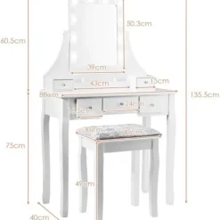 COSTWAY Toiletbord med skammel og 360° roterende spejl - Makeupbord - 10 LED-pærer med justerbar lysstyrke, 5 skuffer