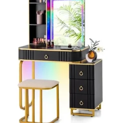 COSTWAY Toiletbord med spejl og skammel - RGB LED-lys, trådløs oplader, USB, Type-C, Fjernbetjening - Metalramme i guld Svart+guld