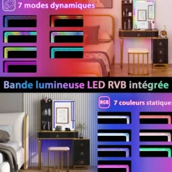COSTWAY Toiletbord med spejl og skammel - RGB LED-lys, trådløs oplader, USB, Type-C, Fjernbetjening - Metalramme i guld Svart+guld