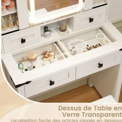 COSTWAY Toiletbord og taburetsæt, glidende spejl, 3 farve LED, justerbar lysstyrke, 4 skuffer, justerbare hylder Vit