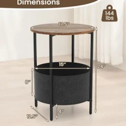 COSTWAY 2-trins rundt sidebord med aftagelig stofkurv, metalstel til små rum, soveværelse, stue, brun