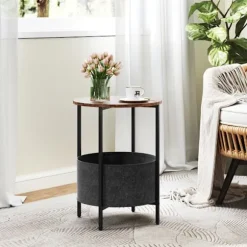 COSTWAY 2-trins rundt sidebord med aftagelig stofkurv, metalstel til små rum, soveværelse, stue, brun