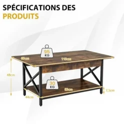 COSTWAY 2-trins sofabord, 110 x 60 x 48 CM, med X-formet metalstel, justerbare fødder, industriel stil, brun