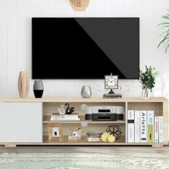 COSTWAY TV Stand, Multimediekonsol til TV op til 55'' med Modern Style Cable Management Beige och vit