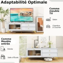 COSTWAY TV-møbel til TV 55" med dør og 2 skuffer, foldbar dør i hærdet glas, til stue, soveværelse, 120 x 62 x 46 cm Vit