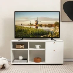COSTWAY tv-skab til 49" med 2 skuffer, 4 rum, opbevaringsrum til stue, soveværelse, 108 x 39 x 50 cm Vit