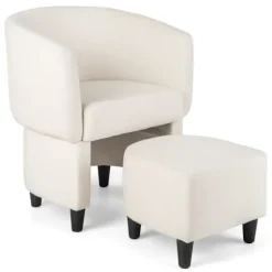 COSTWAY Velvet Polstret Barrel Chair med osmannisk, massivt træstel, skridsikre filtpuder, beige Beige