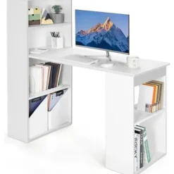 COSTWAY Vendbart computerbord med reol, moderne med 6-lags opbevaringshylder, hvid Vit