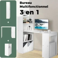 COSTWAY Vendbart computerbord med reol, moderne med 6-lags opbevaringshylder, hvid Vit