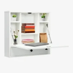 COSTWAY Vægmonteret sammenfoldelig bærbart skrivebord, med indbyggede hylder, skuffe, foldbar bakke, 60 x 15 x 57 cm, hvid