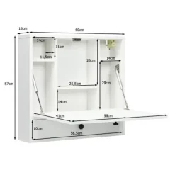COSTWAY Vægmonteret sammenfoldelig bærbart skrivebord, med indbyggede hylder, skuffe, foldbar bakke, 60 x 15 x 57 cm, hvid