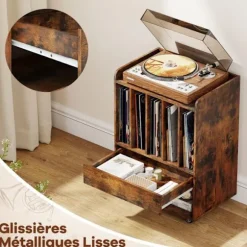 COSTWAY Vinyl Pladebord med Hjul og Skuffer, 6 Rum til 150 Albumer, Reol, til Stue, Værelse, Kontor Brun