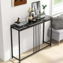 COSTWAY-konsol, indgangsenhed med marmoreffekt - 120 x 30 x 90 CM (L x B x H) Stålramme - Simple Modern Style Black