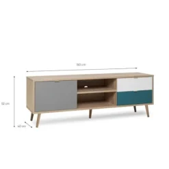 CUBA skandinavisk tv-skab - Eg, grå, hvid og benzinblå indretning - 1 låge - L 150 x D 40 x H 51 cm Brun